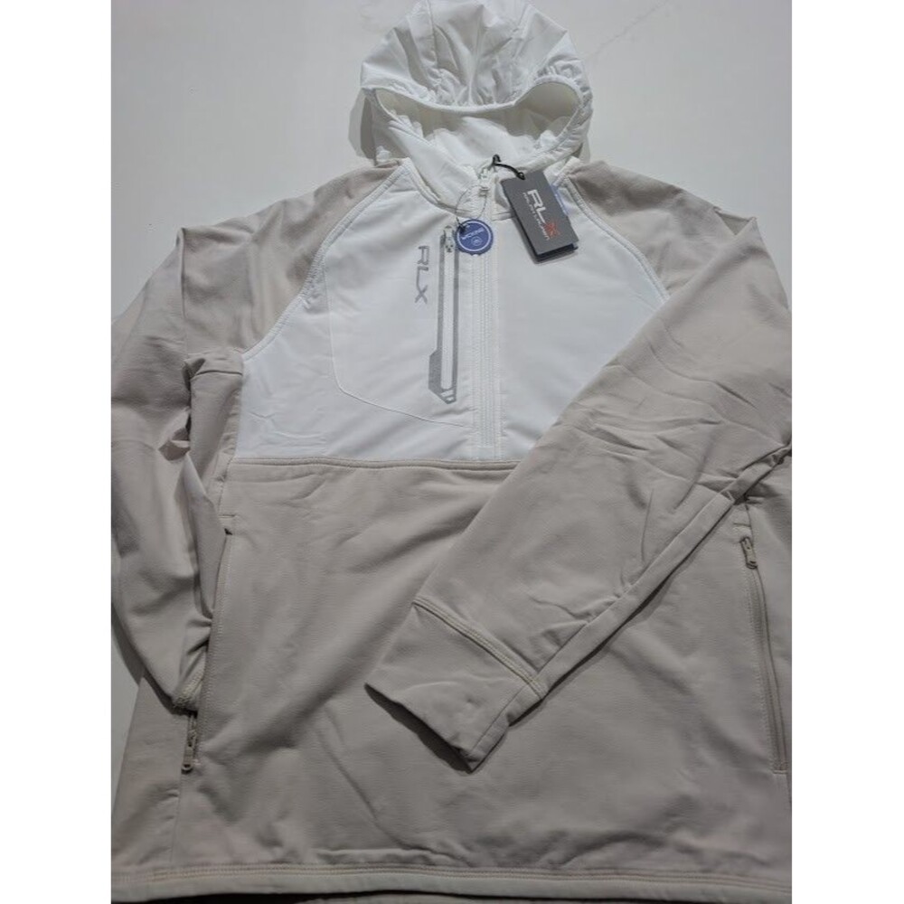 RLX Ralph Lauren Men's Tan/White Colorblock 1/2 Zip Hooded Golf Jacket Medium